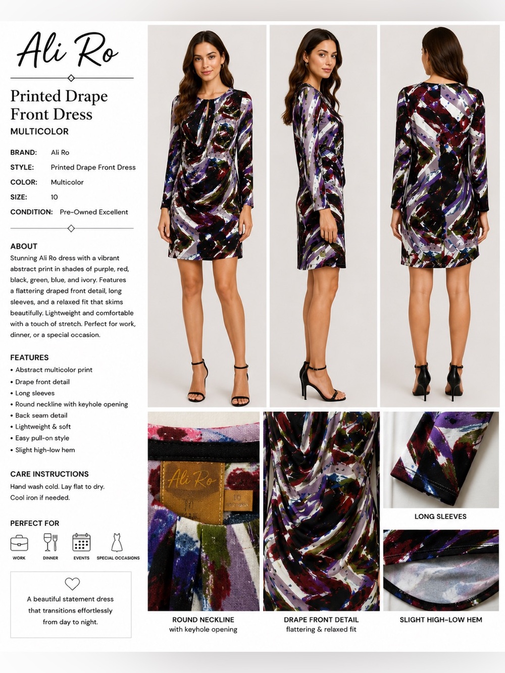 Ali Ro Multicolor Abstract Print Draped Front Long Sleeve Cocktail Dress Size 10